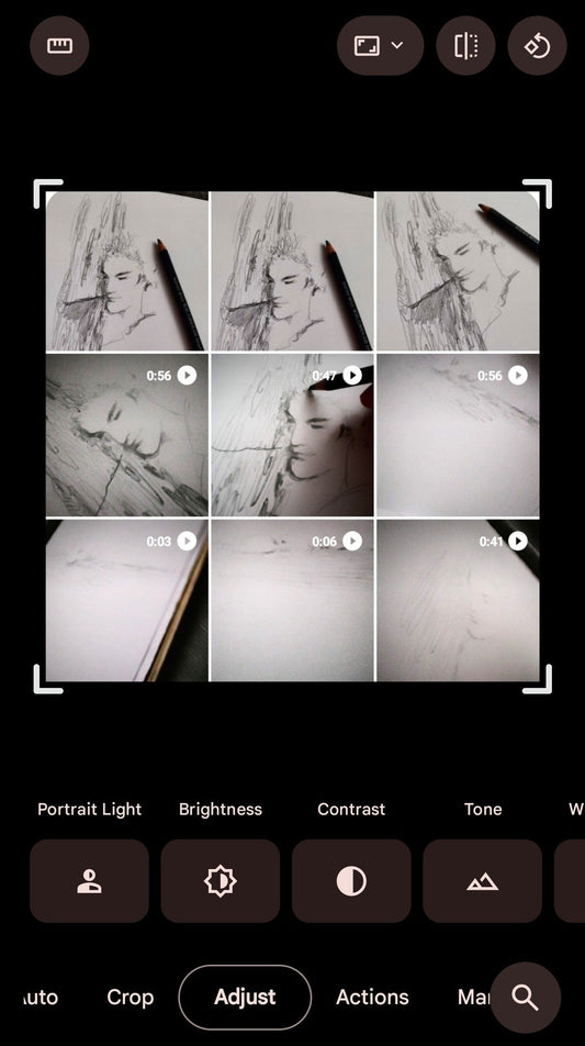 Video thumbnail grid illustrating the process of creating a graphite canvas artwork Emily Yap Design