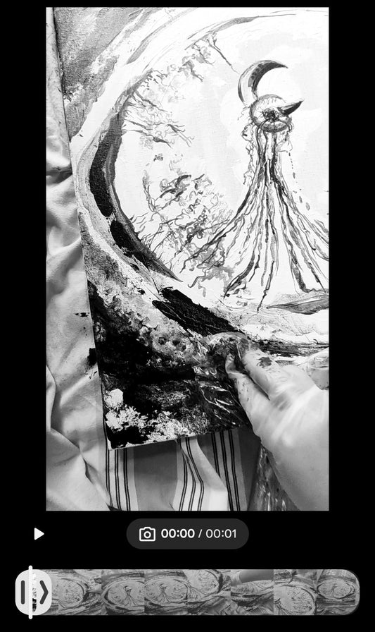 Stage VI Haunted art process by Emily Yap Design: hand in sheer gloved dabbing diluted black acrylic on canvas with plastic for scale texture