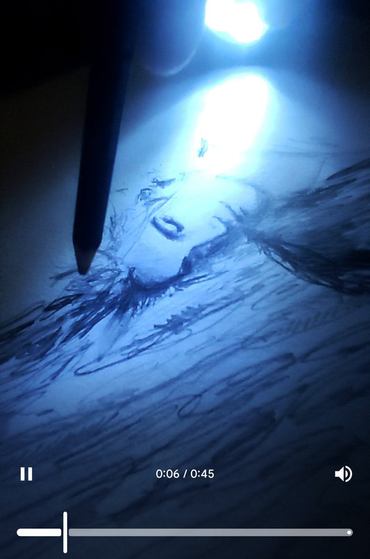 "Artist sketching dark raven feather details on a portrait canvas in a dimly lit studio with cool blue lighting."
