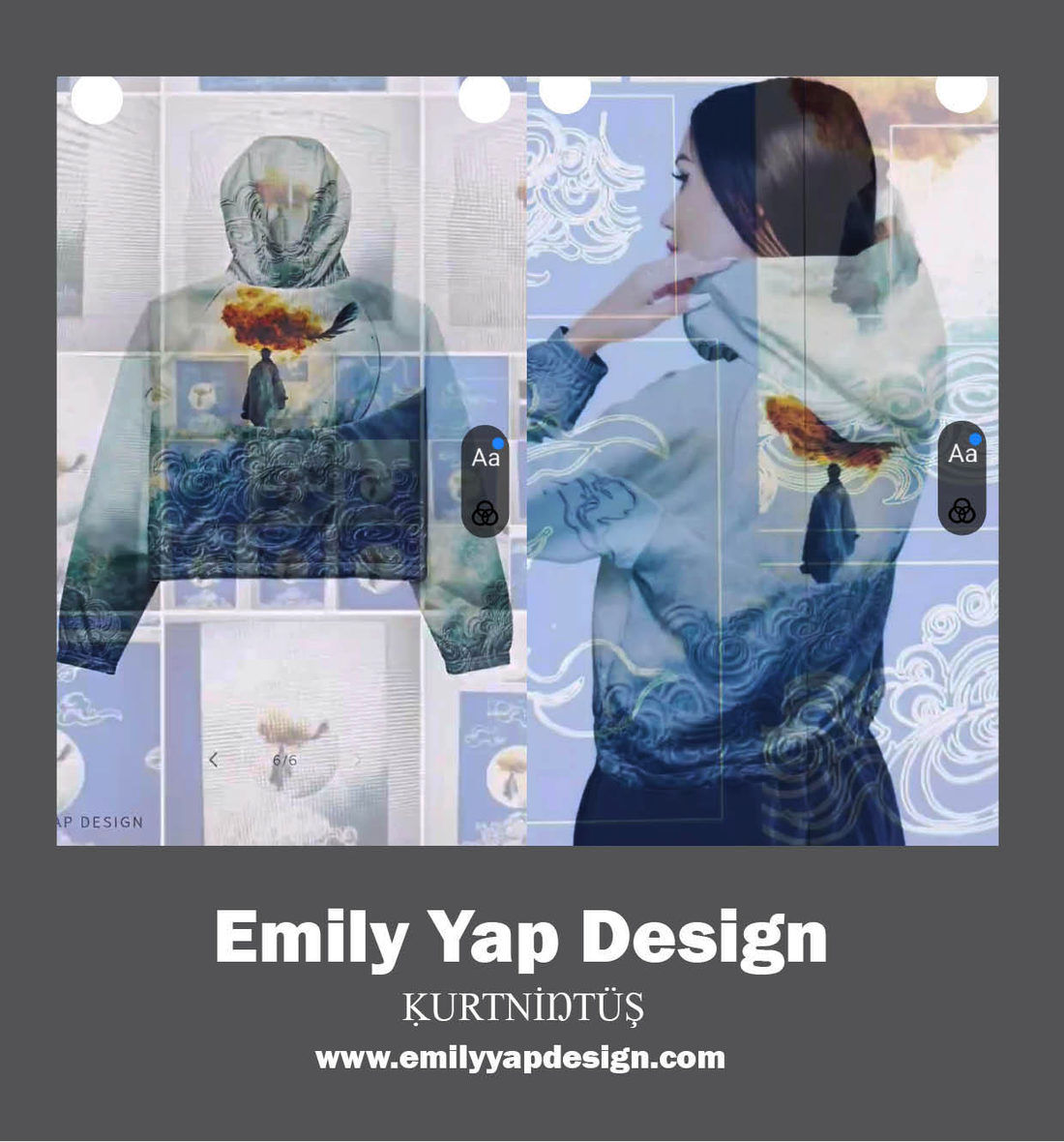 Light Clouds Zen wearable art collection by Emily Yap Design and Yavuz Basol — oriental modern fashion where hand-drawn clouds and seascapes meet digital artistry in meditative, contemporary style.