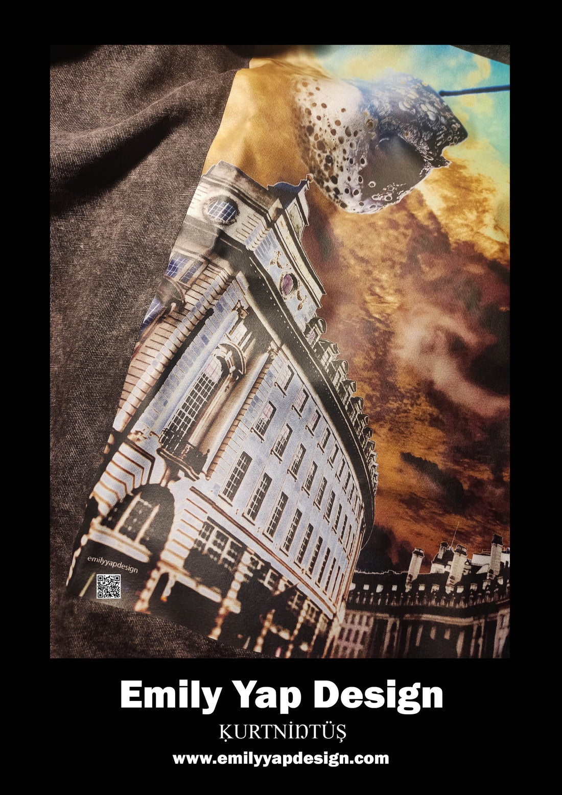 Skull @Oxford Street denim t-shirt featuring mixed media design with bling skull overlay on London architecture at golden hour - Emily Yap Design x Yavuz Basol collaboration
