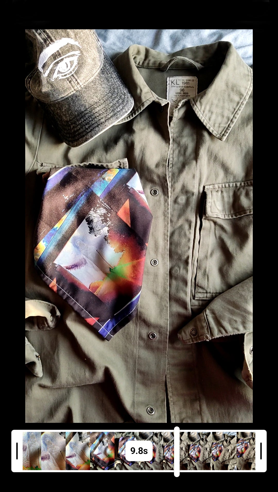 Street Fashion Mix and Match Outfit Ideas: Vintage Military Shirt Styled with Wearable Art Bandana Collaboration