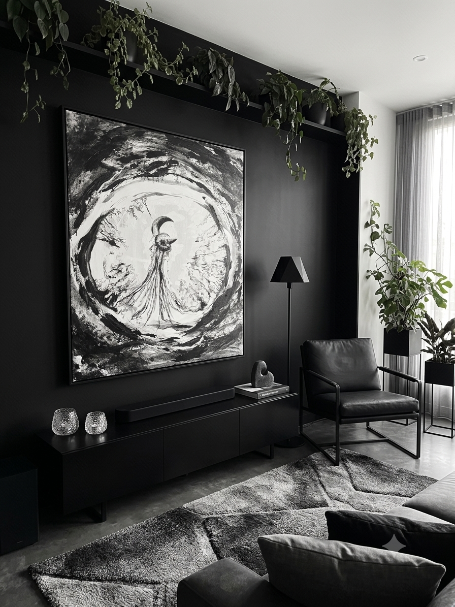 Original art ‘Haunted’ by Emily Yap Design styled in a sleek, modern black-walled living room with plants