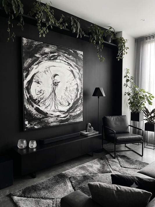 Original art ‘Haunted’ by Emily Yap Design styled in a sleek, modern black-walled living room with plants