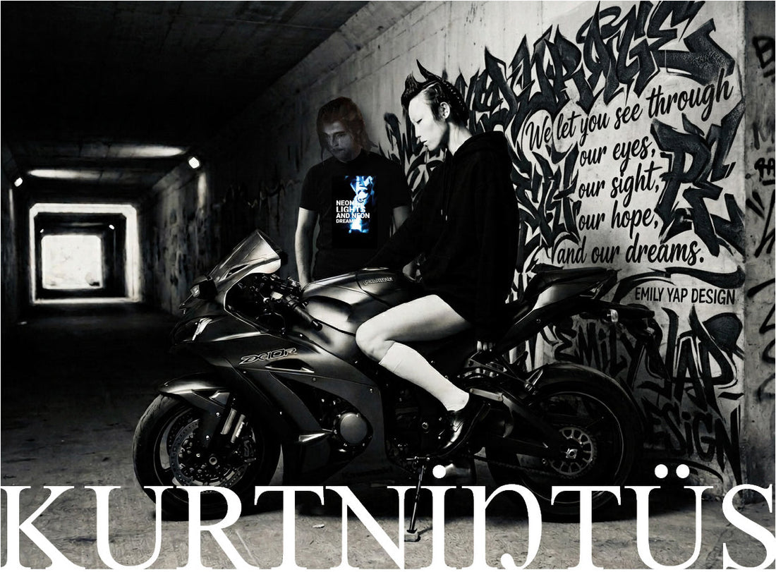 Black and white motorcycle tunnel photo with custom graffiti art and typography by Emily Yap Design