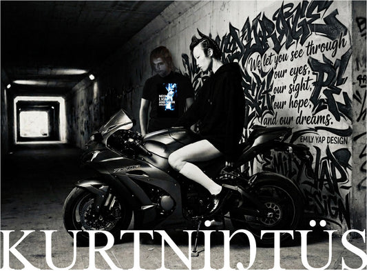 Black and white motorcycle tunnel photo with custom graffiti art and typography by Emily Yap Design