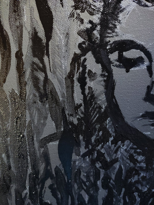 Close-up of black acrylic painting Somnia showing half of a serene face with a dark tear on the cheek, surrounded by textured raven feathers on canvas